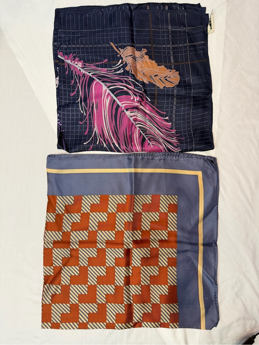 2 100% Silk Hand-rolled Scarves Feather & Geometric Navy, Pink, Rust. Japan. New